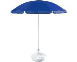 Blauw lichtgewicht strand/tuin basic parasol van nylon 200 cm + vulbare parasolvoet wit van plastic