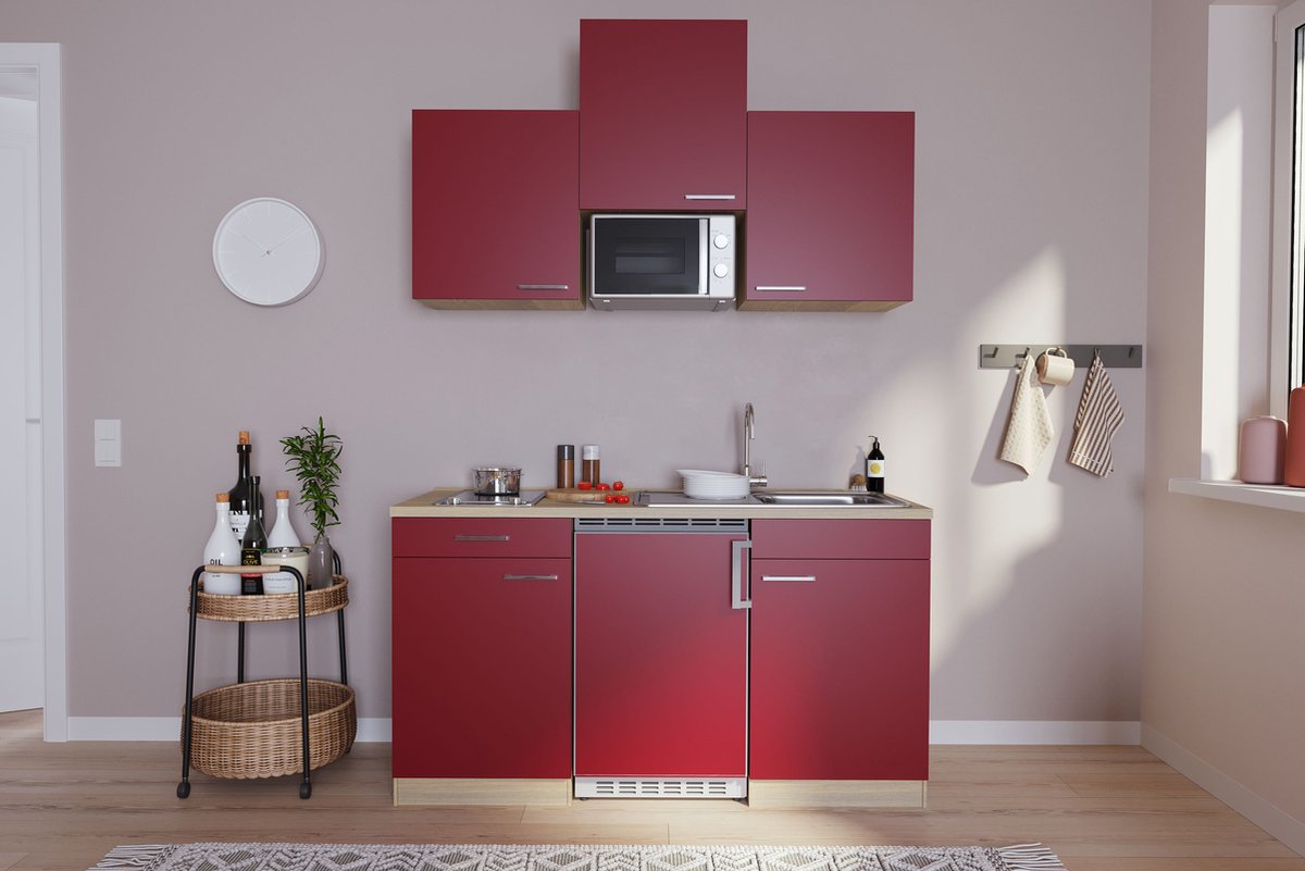 Respekta® Keukenblok 150 cm complete kleine keuken met apparatuur Rood Moderne keuken Luis keramische kookplaat koelkast mini keuken compacte keuken keukenblok met apparatuur
