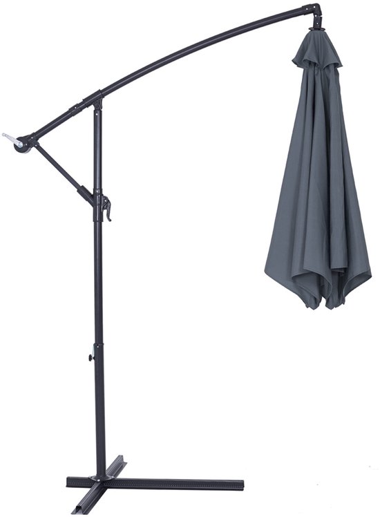 Antracietkleurige Kingsleeve zweefparasol, Ø300cm, met UV bescherming 80+, gesloten.