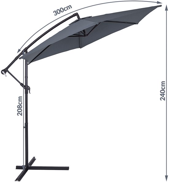 Donkergrijze zweefparasol met afmetingen 300cm breed en 240cm hoog, paalhoogte 208cm.