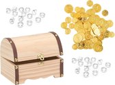 Houten piraten schatkist 15 x 10 cm met 100x plastic gouden piraten munten en 100x diamantjes - Speelgoed artikelen