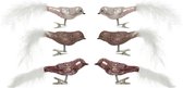 6x stuks glazen decoratie vogels op clip roze tinten 8 cm - Decoratievogeltjes - Kerstboomversiering