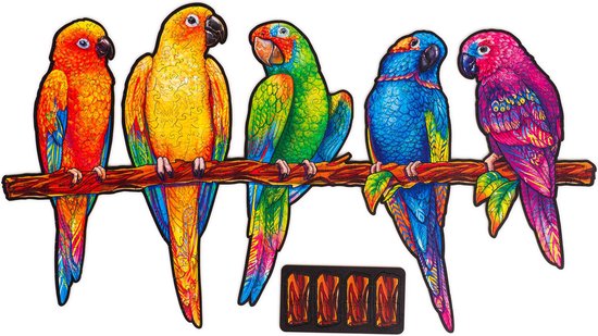 UNIDRAGON Houten Puzzel Voor Volwassenen Dier - Speelse Papegaaien - 291 stukjes - King Size 49x27 cm