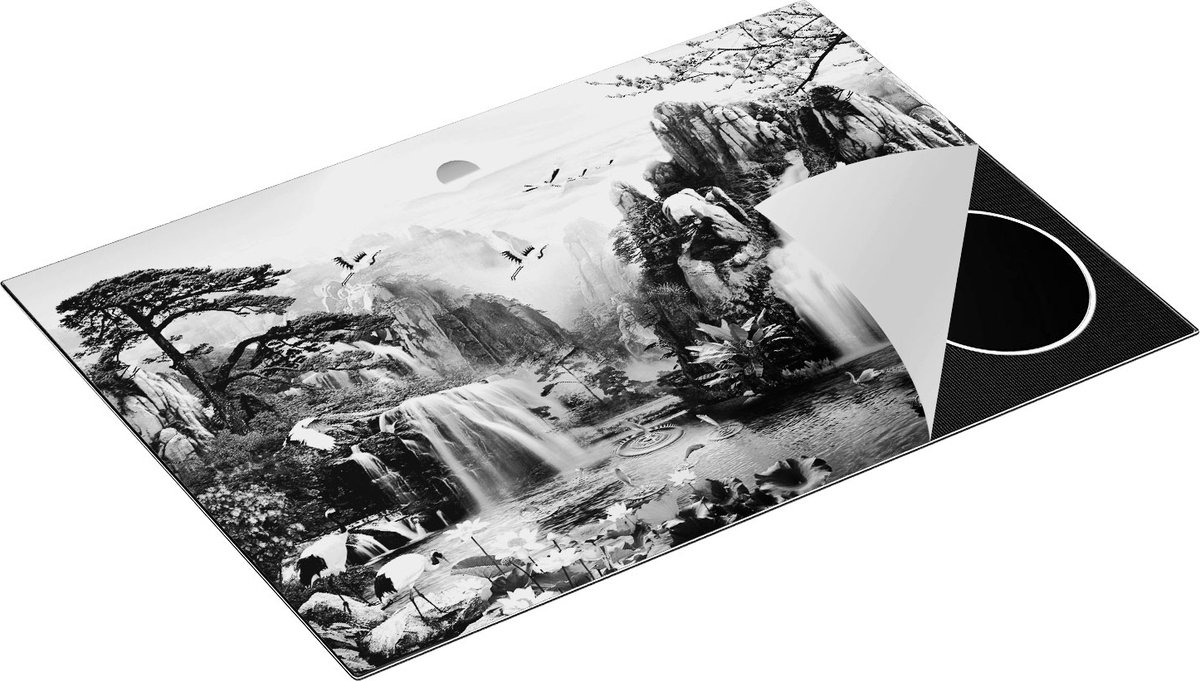 Chefcare Inductie Beschermer Watervallen in de Bergen - Abstract - Zwart Wit - 75x55 cm - Afdekplaat Inductie - Kookplaat Beschermer - Inductie Mat