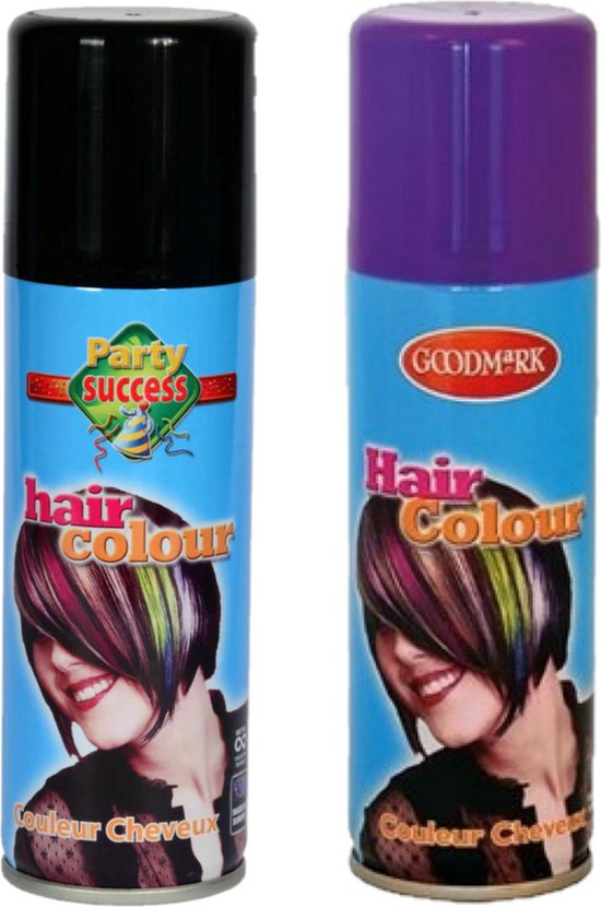 Twee spuitbussen met haarkleur, één zwart en één paars, met afbeelding van een vrouw met kleurrijk geverfd haar.