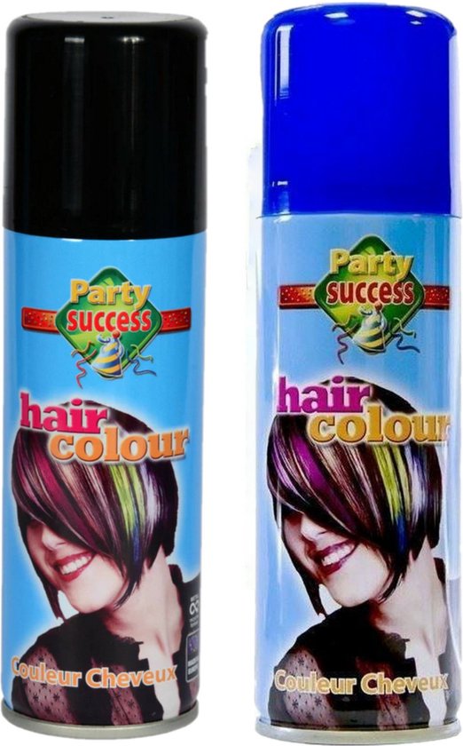 Twee flacons Party Success haarkleur spray: zwart en blauw, met afbeelding van vrouw met bontgekleurd haar.