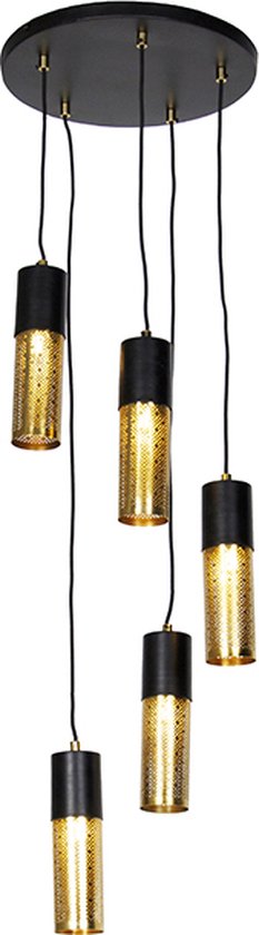 QAZQA raspi - Industriele Hanglamp - 5 lichts - Ø 40 cm - Zwart Goud - Industrieel - Woonkamer | Slaapkamer | Keuken