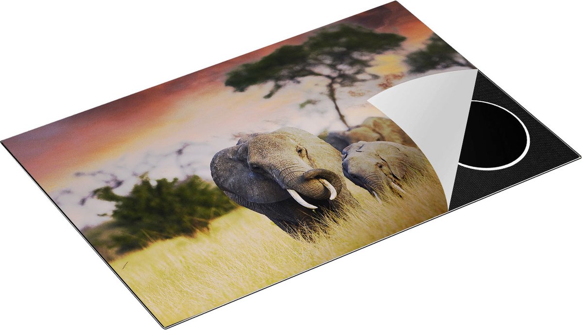 Chefcare Inductie Beschermer Groep Olifanten in het Wild - Kudde - 83x51,5 cm - Afdekplaat Inductie - Kookplaat Beschermer - Inductie Mat