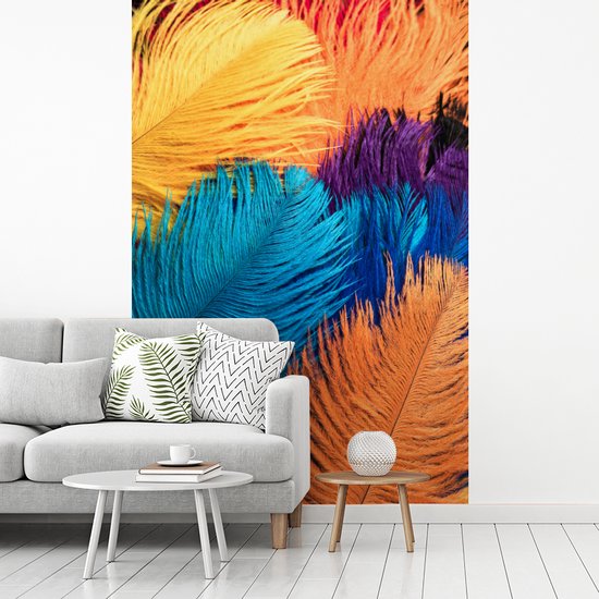 Papier peint photo peint photo vinyle - Structures de plumes colorées largeur 160 cm x hauteur 240 cm - Tirage photo sur papier peint (disponible en 7 tailles)