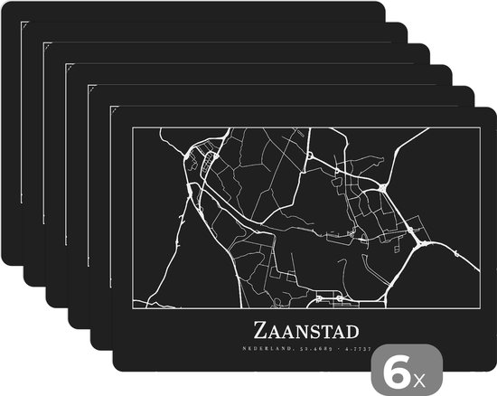 Placemat - Placemats kunststof - Plattegrond - Kaart - Zaanstad - Stadskaart - 45x30 cm - 6 stuks - Hittebestendig - Anti-Slip - Onderlegger - Afneembaar