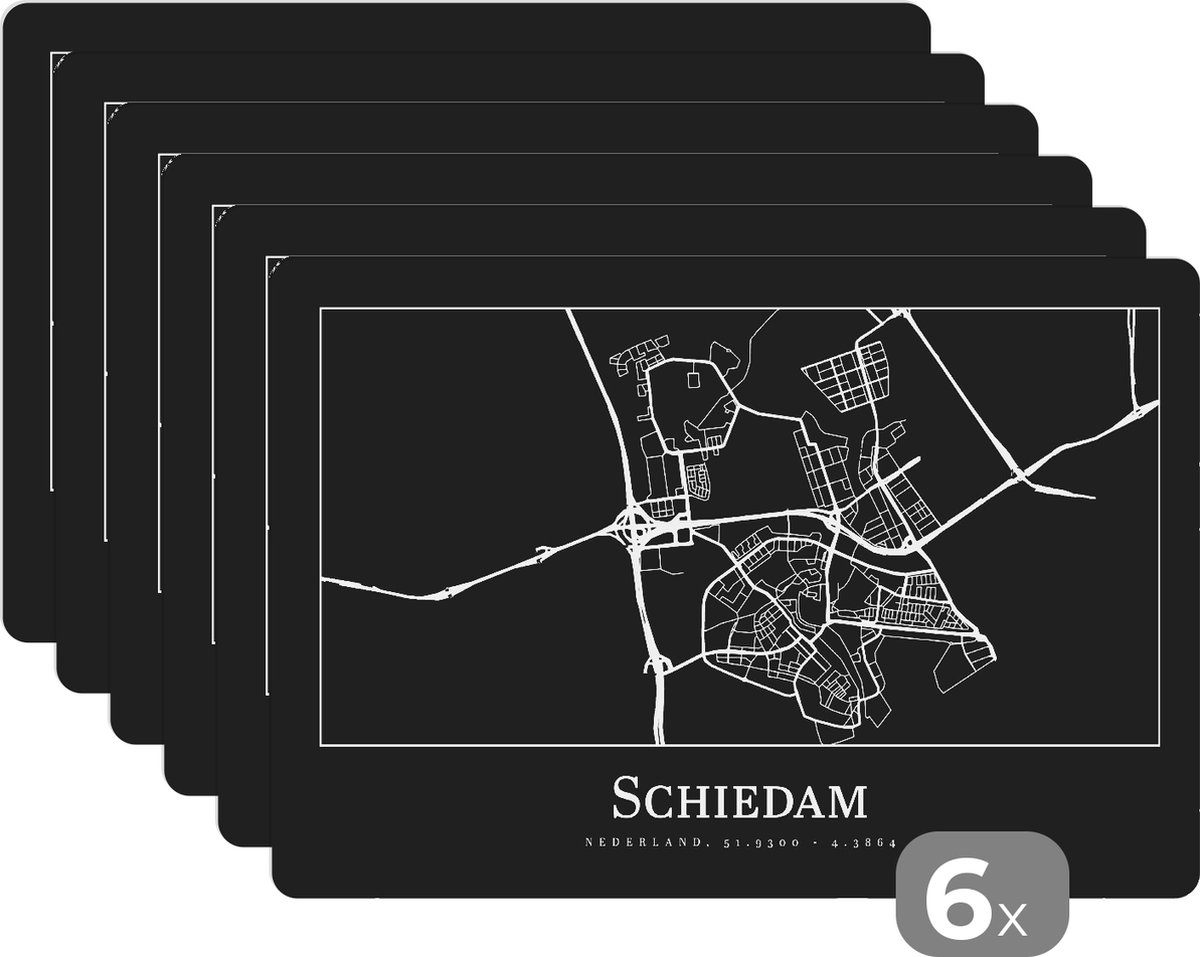 Placemat - Placemats kunststof - Kaart - Schiedam - Plattegrond - Stadskaart - 45x30 cm - 6 stuks - Hittebestendig - Anti-Slip - Onderlegger - Afneembaar