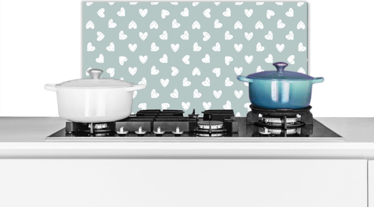 Spatscherm - Keuken achterwand - Keuken - Patronen - Hart - Groen - Wit - 70x30 cm - Spatwand