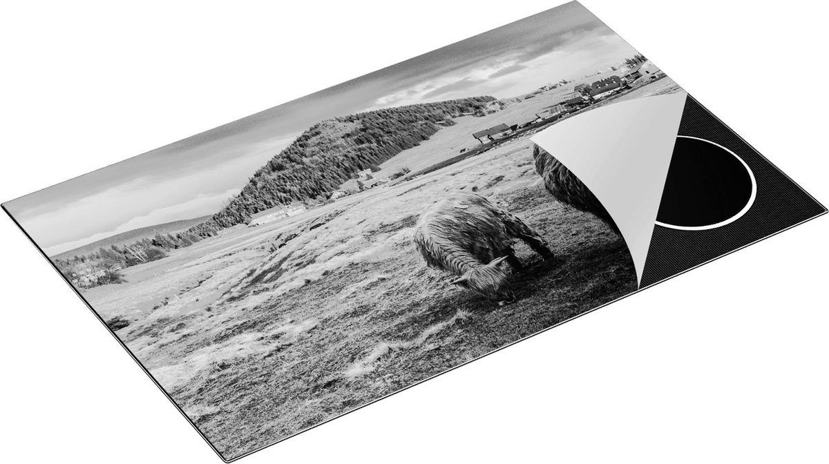 Chefcare Inductie Beschermer Twee Schotse Hooglanders bij een Dorp - Zwart Wit - 85x52 cm - Afdekplaat Inductie - Kookplaat Beschermer - Inductie Mat