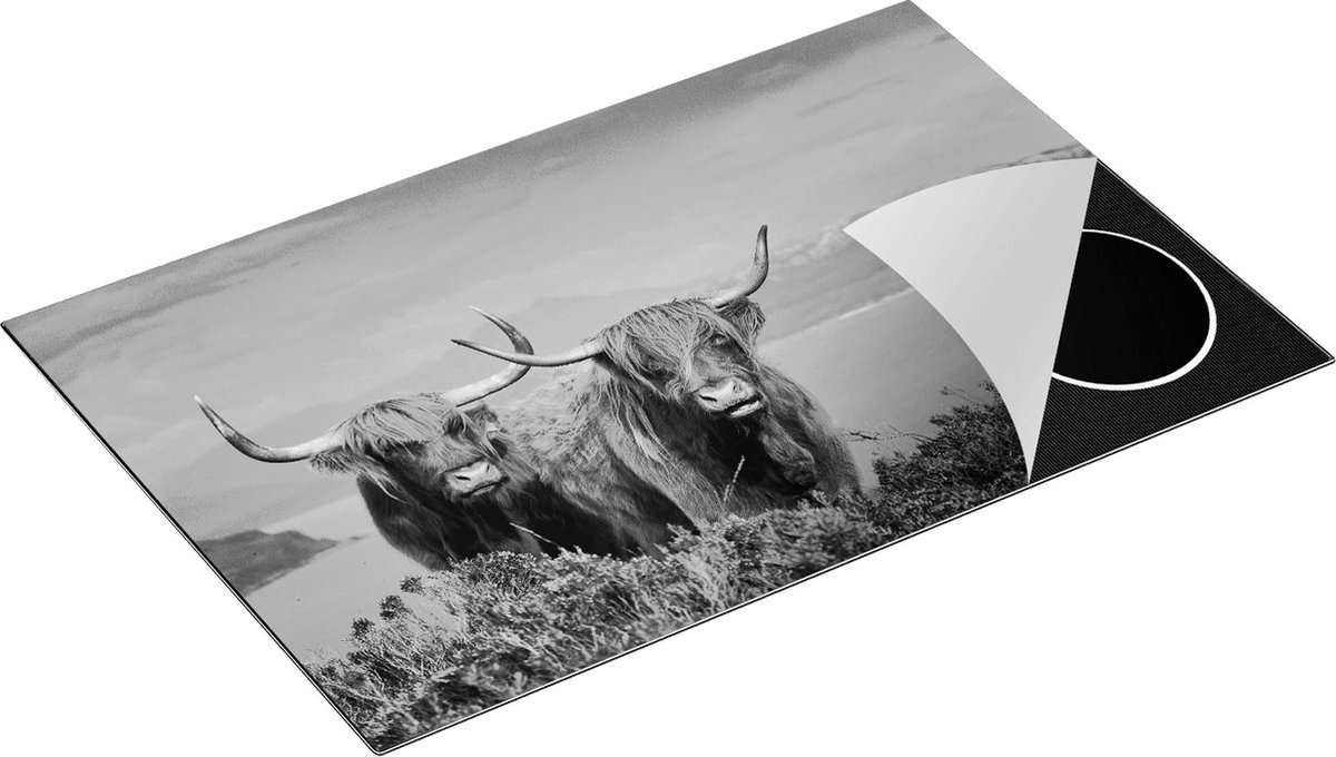 Chefcare Inductie Beschermer Twee Schotse Hooglanders bij een Meer - Zwart Wit - 80x52 cm - Afdekplaat Inductie - Kookplaat Beschermer - Inductie Mat
