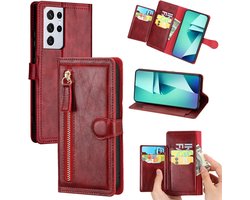 Étui Samsung Galaxy S22 Ultra Book avec fermeture éclair - Rabat - Magnétique - Porte-cartes 5 - Rouge
