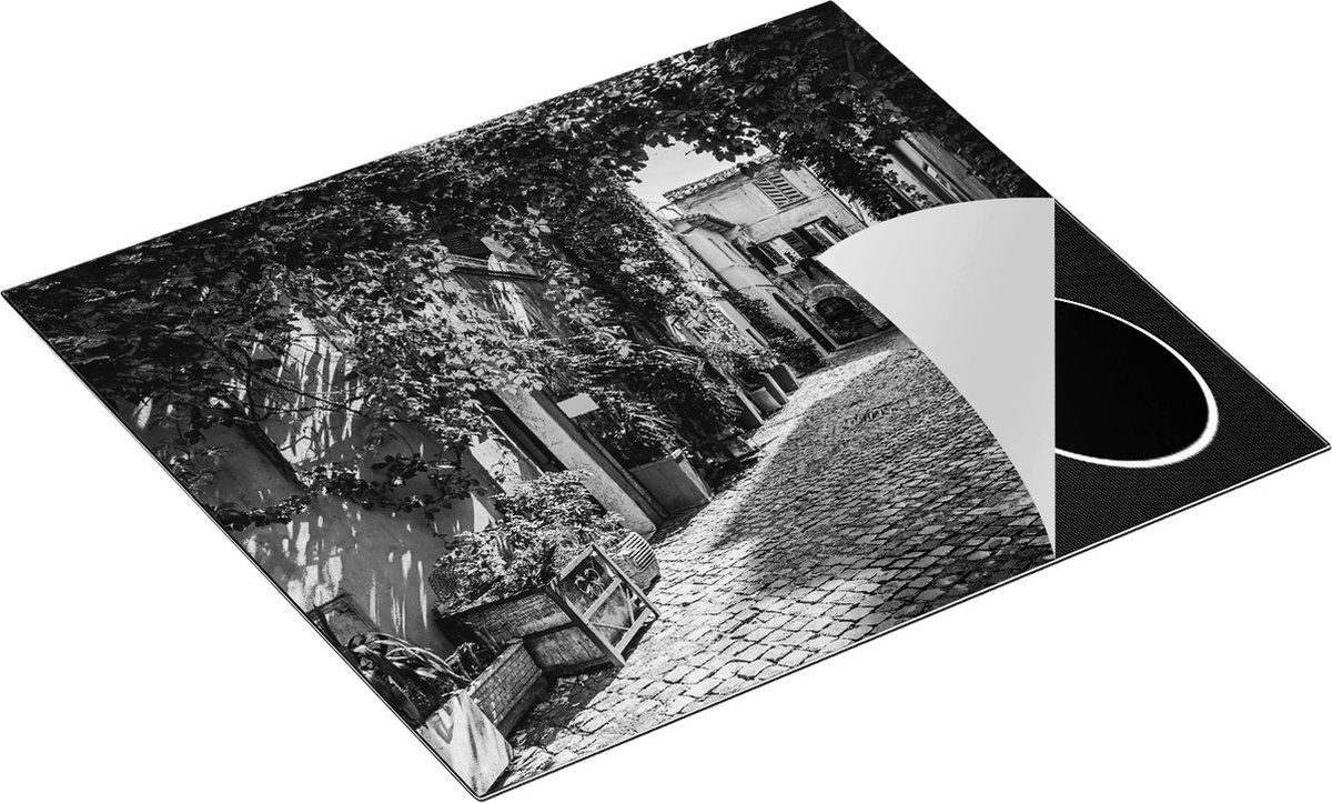 Chefcare Inductie Beschermer Straatje in Rome met Groene Planten - Zwart Wit - 59x51 cm - Afdekplaat Inductie - Kookplaat Beschermer - Inductie Mat