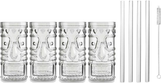 4x Cocktailglazen / Mai Tai glazen transparant 490 ml - Inclusief 4x glazen herbruikbare rietjes