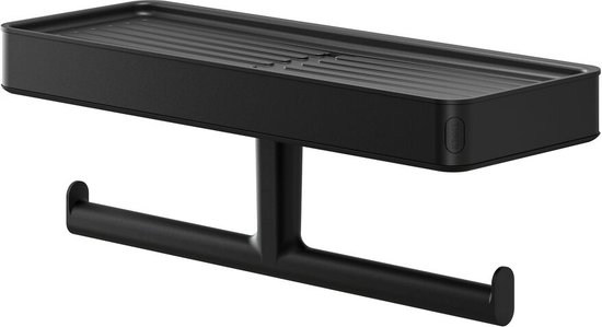 Zwarte wc-rolhouder met planchet voor mobiele telefoon of andere items.