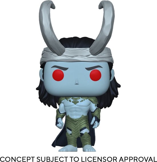 Loki Funko Pop! met blauwe huid, rode ogen, grijze hoorns en groene pantser.