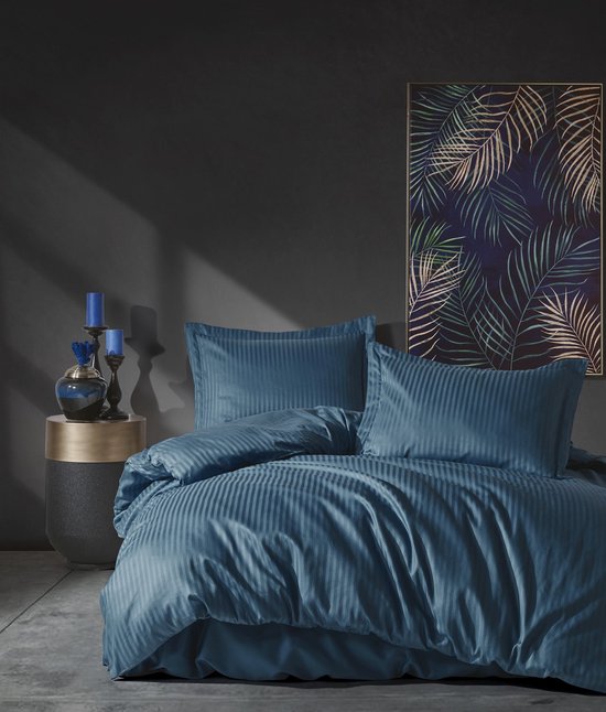 Elegant Stripe 2-persoons dekbedovertrekset 200x220cm satijn met laken en 2 oxford kussenslopen blauw