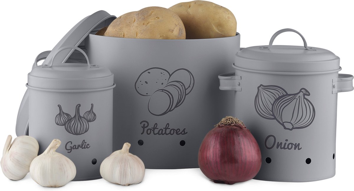 Navaris set van 3 voorraadpotten - Voor aardappelen, uien en knoflook - Metalen voorraadblikken - Voor opslag en houdbaarheid - Vaatwasserbestendig