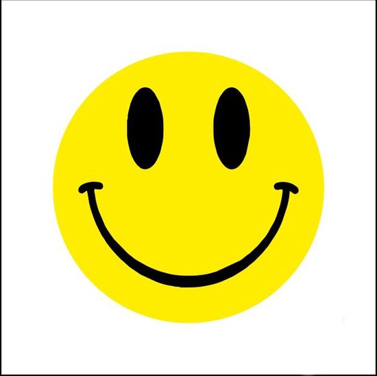 Gele smiley met zwarte ogen en mond op een witte achtergrond.
