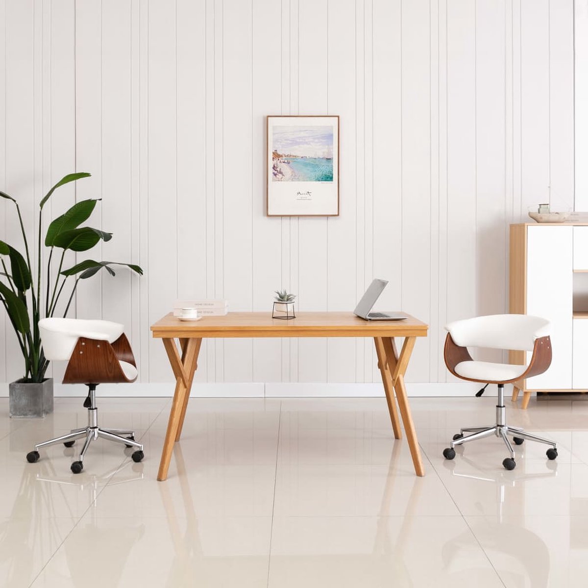 VidaLife Kantoorstoel draaibaar gebogen hout en kunstleer wit