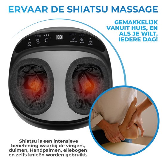 Een close-up van een El Suvon voetmassageapparaat met de tekst 'Ervaar de Shiatsu massage'.