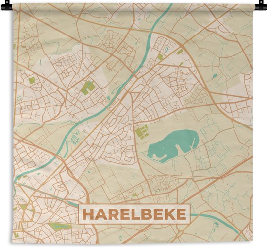 Wandkleed - Wanddoek - Harelbeke - Kaart - Vintage - Stadskaart - Plattegrond - 60x60 cm - Wandtapijt