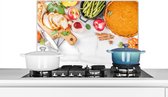 Spatscherm Keuken - Kookplaat Achterwand - Spatwand Fornuis - 60x40 cm - Groente - Fruit - Vlees - Kruiden - Aluminium - Wanddecoratie - Muurbeschermer - Hittebestendig