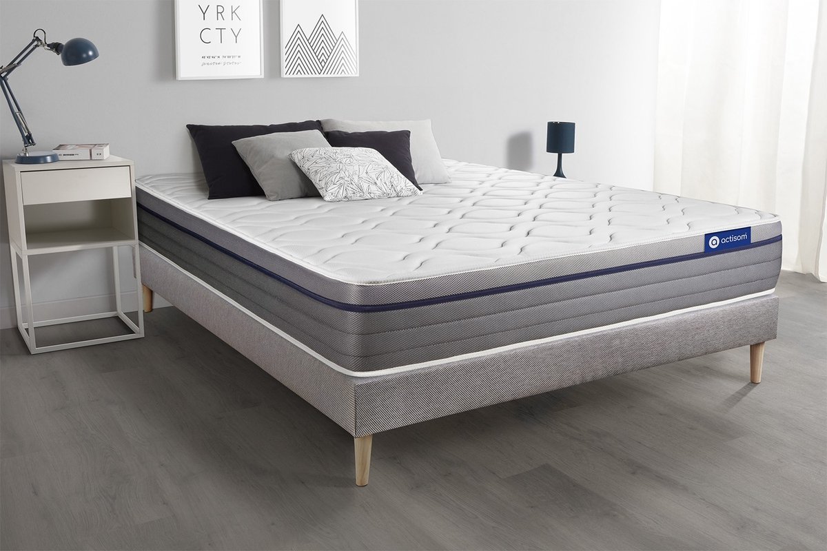 Complete boxspring met matras tweepersoons- Actisom Actilatex zen grijs - Latex en traagschuim - 120 x 195 cm