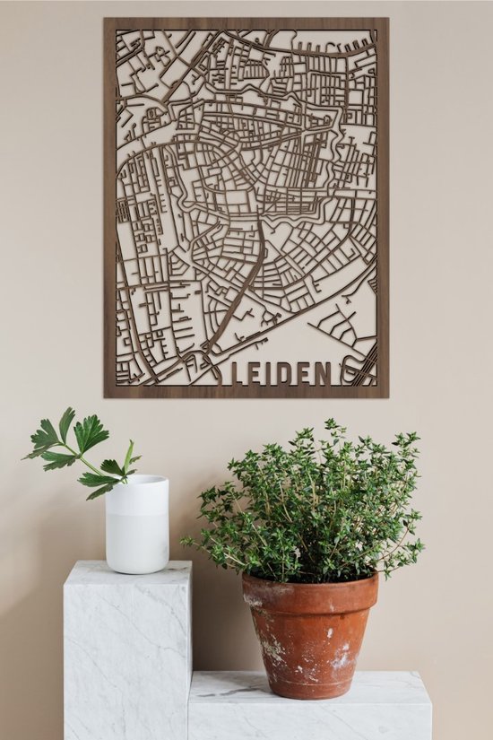 Houten Stadskaart Leiden Notenhout 30x40cm Wanddecoratie Voor Aan De Muur City Shapes