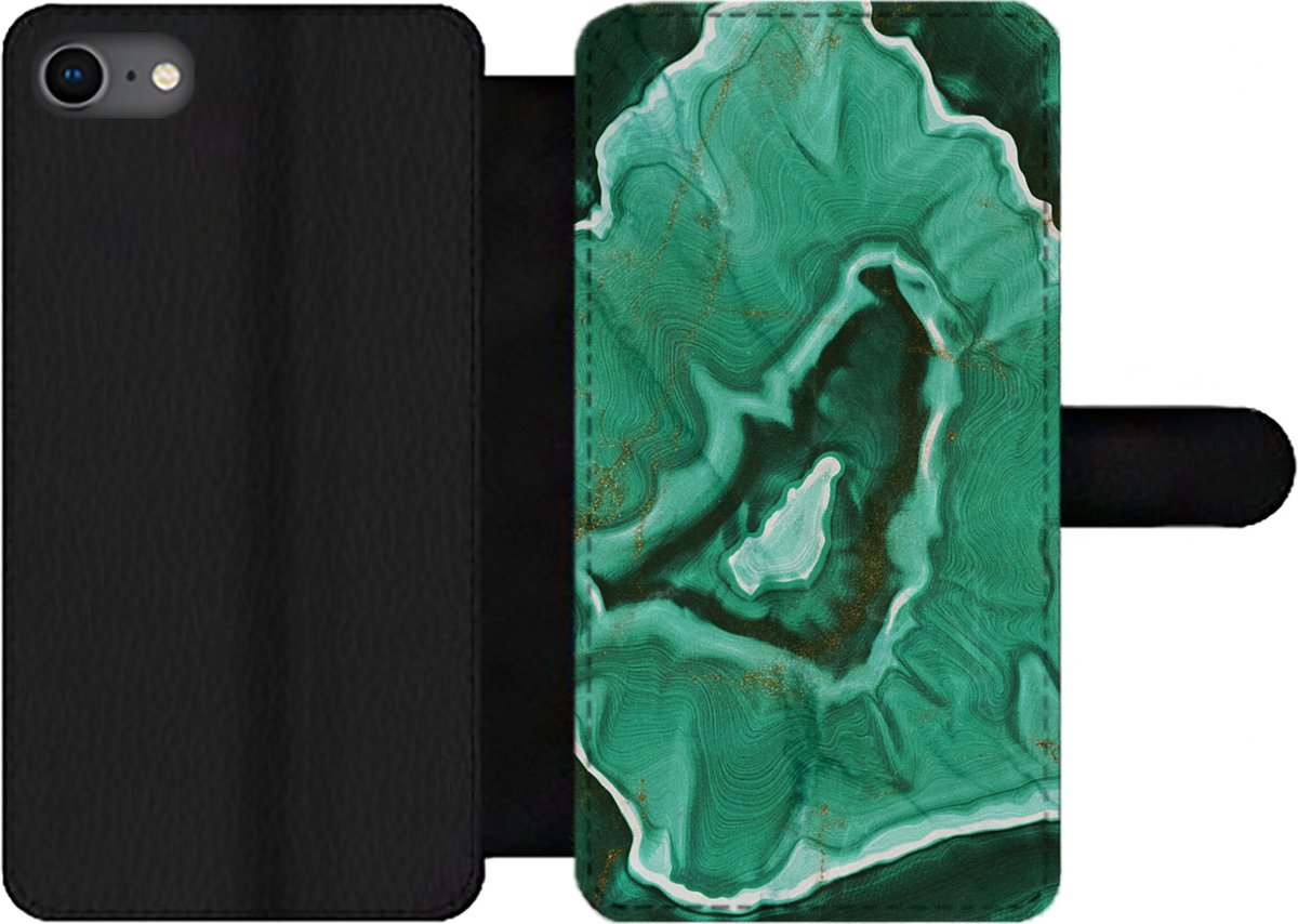 Telefoonhoesje Geschikt voor iPhone SE 2020 telefoonhoesje - Marmer print - Groen - Goud - Met vakjes - Wallet case met magneetsluiting