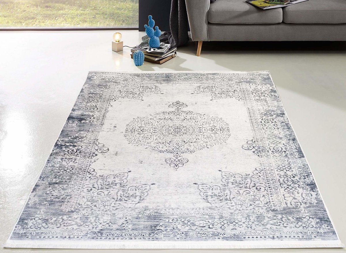 Flycarpets Hana Wasbaar Vintage Vloerkleed - Grijs - Laagpolig Tapijt Woonkamer - 200x290 cm