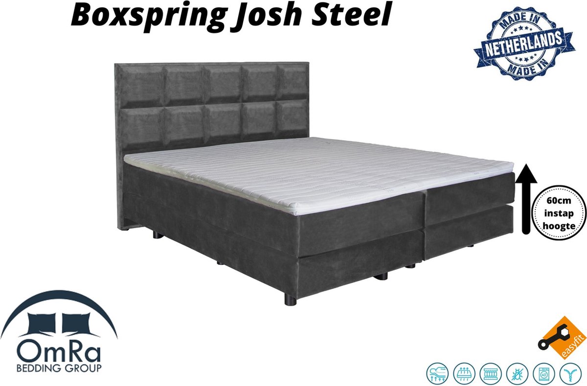 Omra Bedding - Complete boxspring - Josh Steel - 140x200 cm - Inclusief Topdekmatras - Hotel boxspring