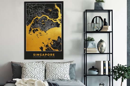 Tableau sur toile Singapour - Plan de la ville - Or - Carte - Carte - 80x120 cm - Décoration murale