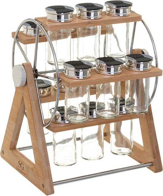 Groot étagère à épices carrousel/roue tournante avec 15 pots à épices 35 cm  en bambou... | bol