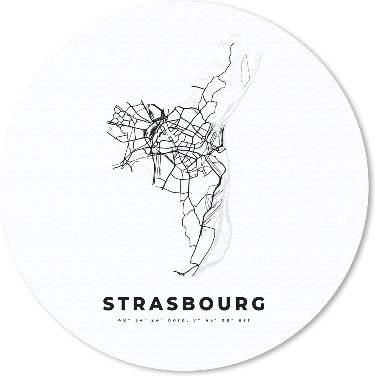 Muismat rond 30x30 cm - Mousepad Kaart – Strasbourg – Plattegrond - Zwart Wit – Stadskaart - Ronde muismatten - Stadskaart