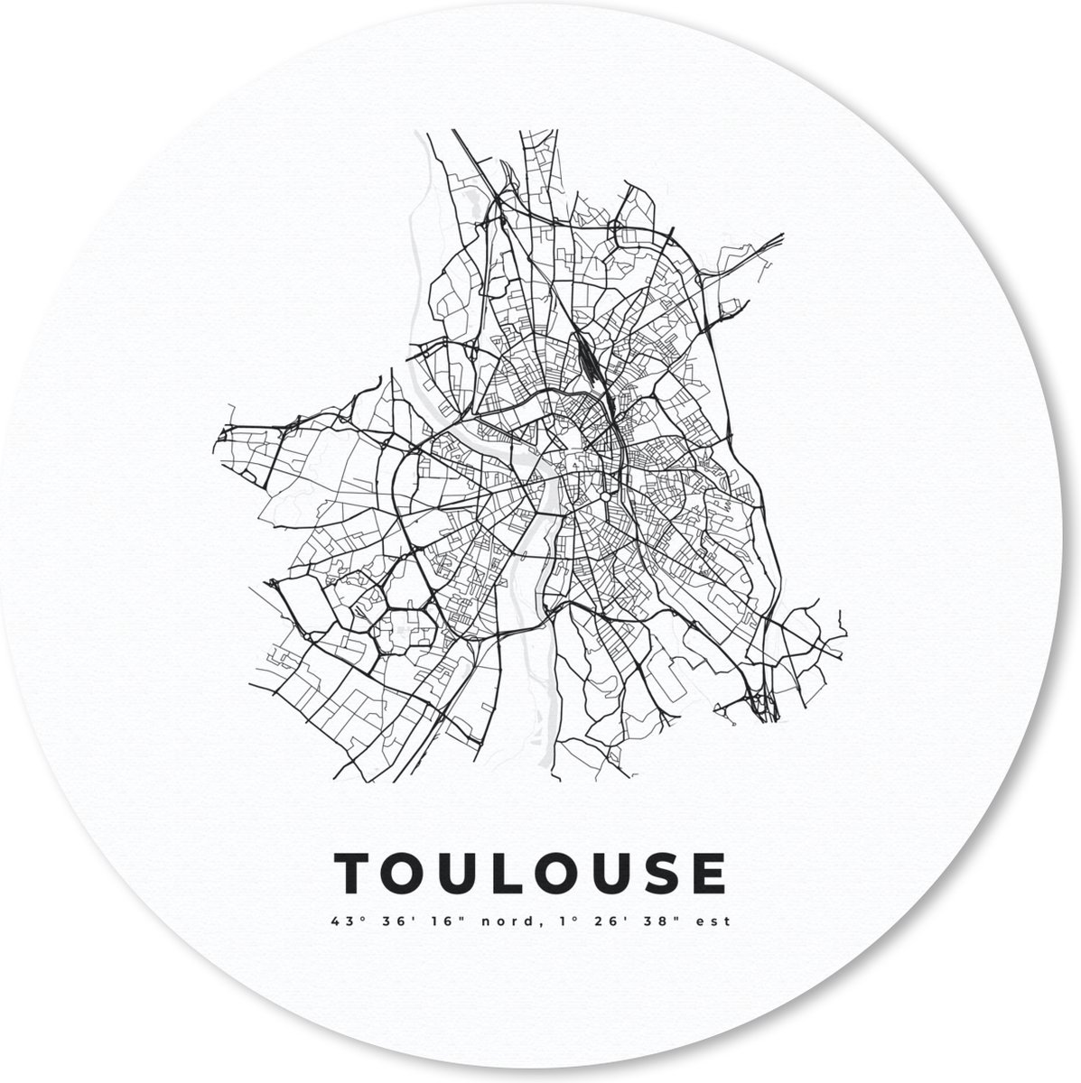 Muismat rond 30x30 cm - Mousepad Frankrijk – Stadskaart - Zwart Wit – Toulouse – Plattegrond – Kaart - Ronde muismatten - Stadskaart