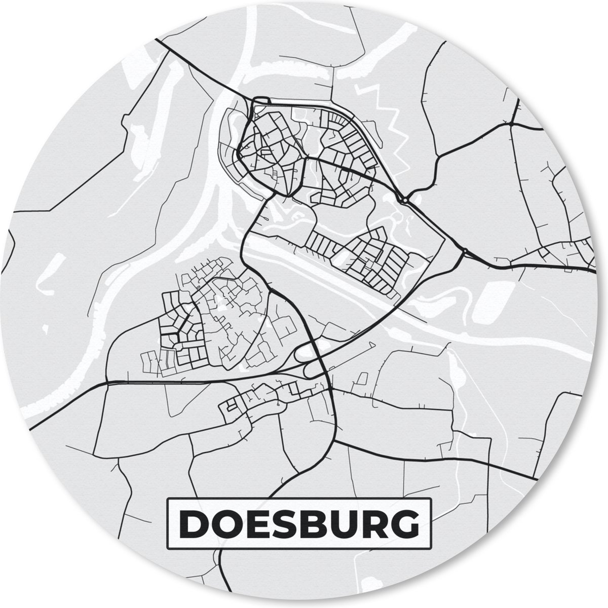 Muismat rond 40x40 cm - Mousepad Doesburg - Nederland - Kaart - Plattegrond - Stadskaart - Zwart Wit - Ronde muismatten - Stadskaart