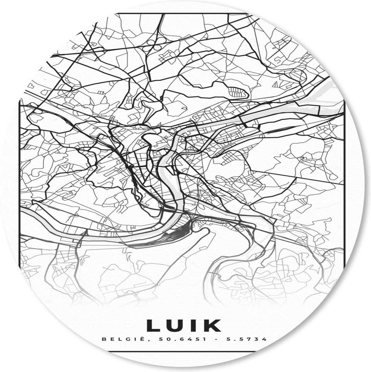 Muismat rond 30x30 cm - Mousepad Stadskaart – Zwart Wit - Kaart – Luik – België – Plattegrond - Ronde muismatten - Stadskaart