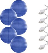 Setje van 5x stuks luxe donkerblauwe bolvormige party lampionnen 35 cm met lantaarnlampjes - Feest decoraties/versiering