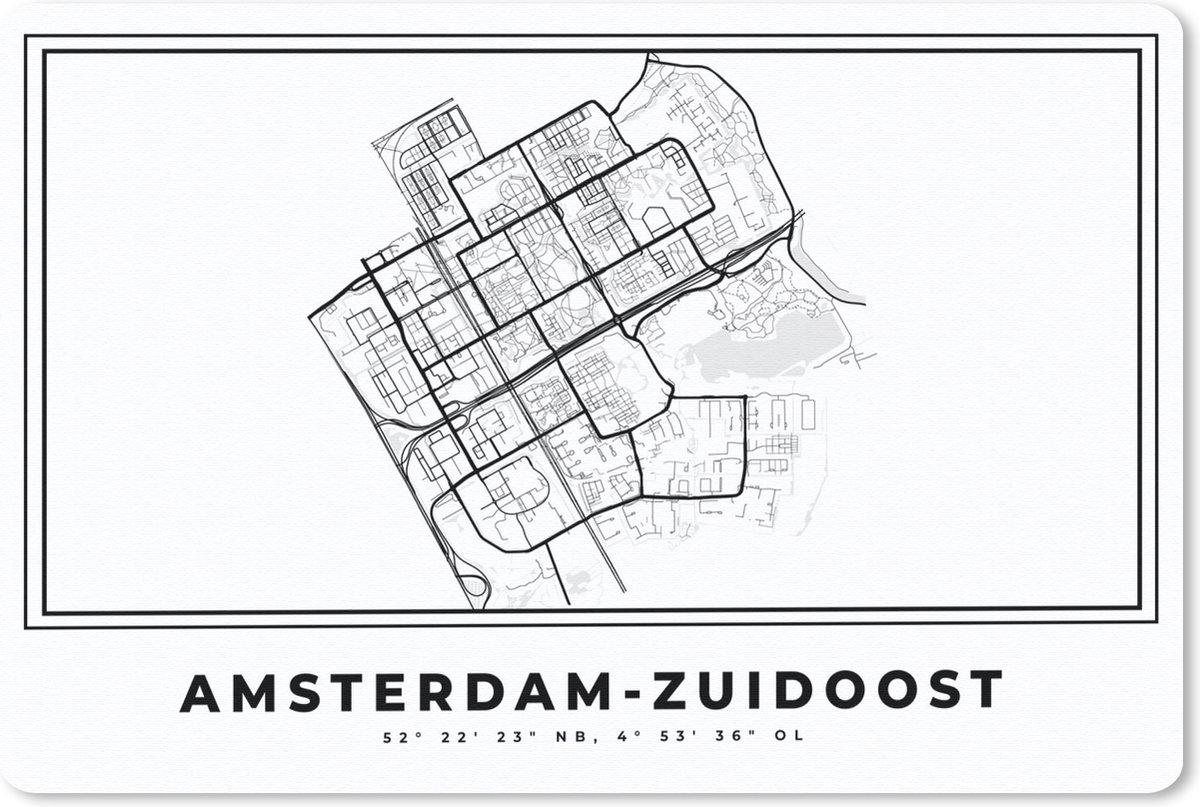 Bureau onderlegger - Muismat - Bureau mat - Plattegrond – Amsterdam Zuidoost – Zwart Wit – Stadskaart - Kaart - 60x40 cm
