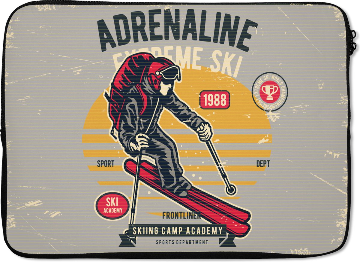 Laptophoes 13 inch - Ski - Grijs - Vintage - Laptop sleeve - Binnenmaat 32x22,5 cm - Zwarte achterkant