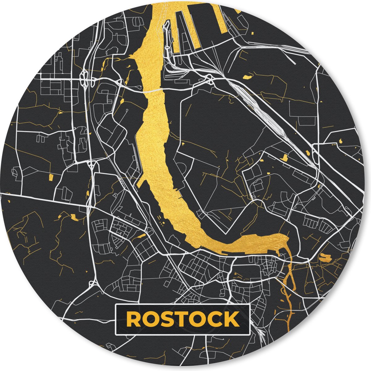 Muismat rond 30x30 cm - Mousepad Rostock - Stadskaart - Plattegrond - Goud - Kaart - Duitsland - Ronde muismatten - Stadskaart