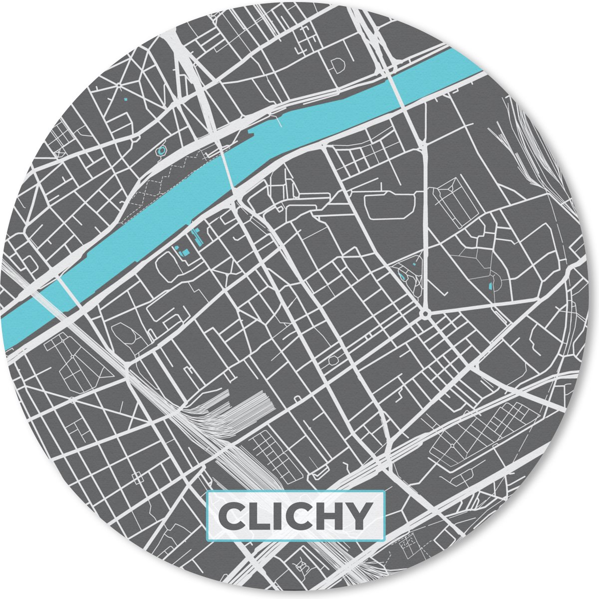 Muismat rond 30x30 cm - Mousepad Clichy - Frankrijk - Plattegrond - Kaart - Stadskaart - Ronde muismatten - Stadskaart