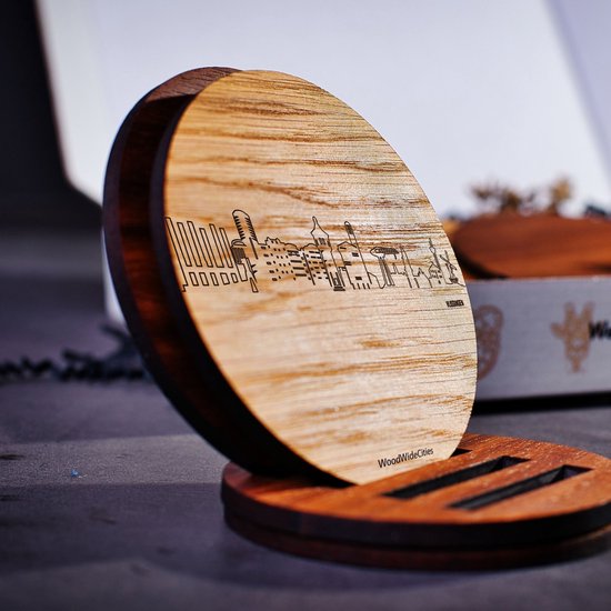 Skyline Sous-verres Vlissingen - Chêne et bois de noyer - 4 pièce(s) + support - Ø 9 cm Rond - Cadeau - Déco - Salon