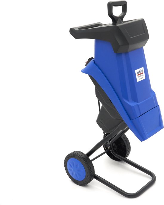 Blauwe elektrische hakselaar op zwarte standaard met wielen.
