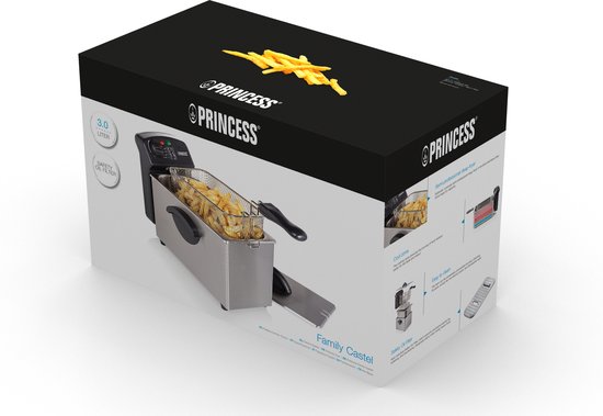 Verpakking van een Princess frituurpan met afbeelding van het product en frietjes.