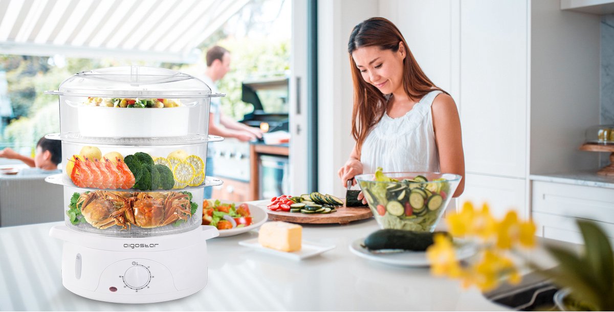 Cuiseur Vapeur Électrique Aigostar Fitfoodie 9L 800W – 3 Niveaux, Minuterie 60 Min, Sans BPA